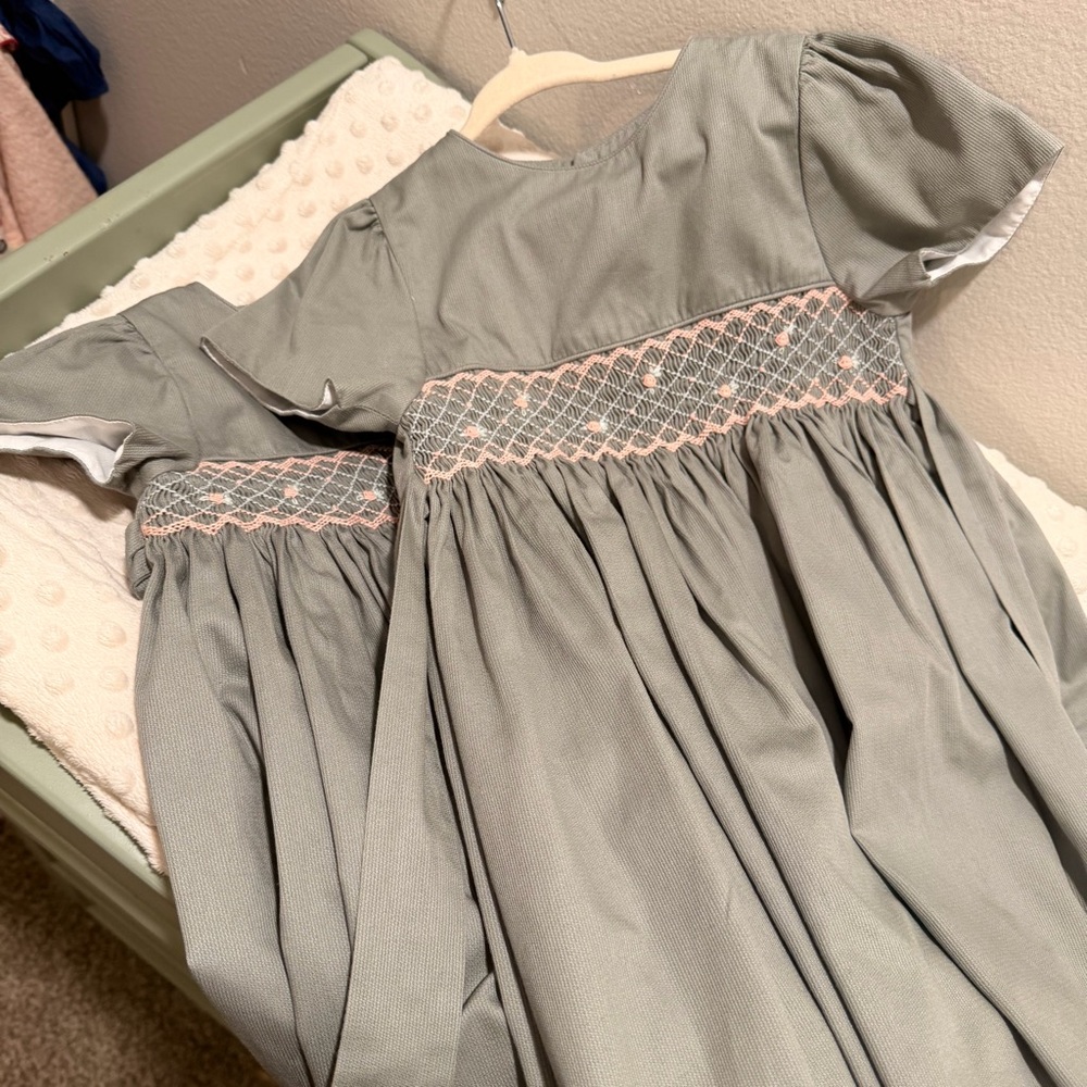 Edgehill Collection Smocked Girls' Dress in Sage with Pink Trim